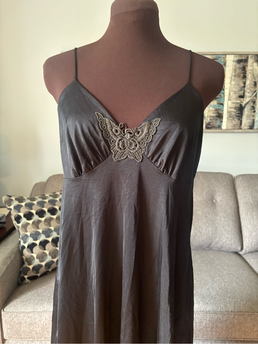 70s Black Slip Dress with Lace Butterfly